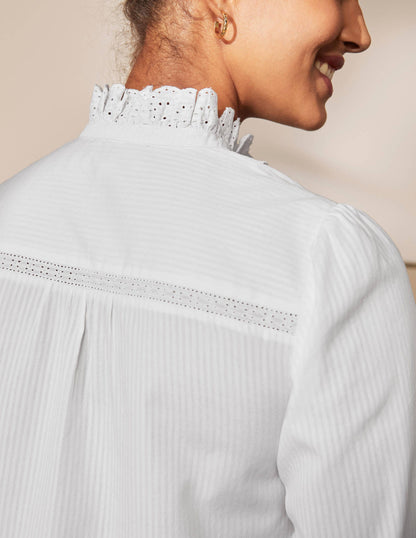 Broderie Ruffle Cotton Shirt-White