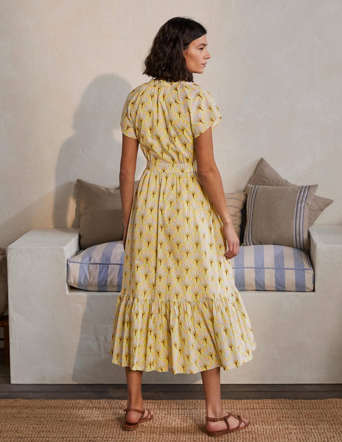 Bernadette Cotton Midi Dress-Corn Yellow, Intricate Leaf