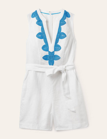 Bella Embroidered Romper-White/Moroccan Blue