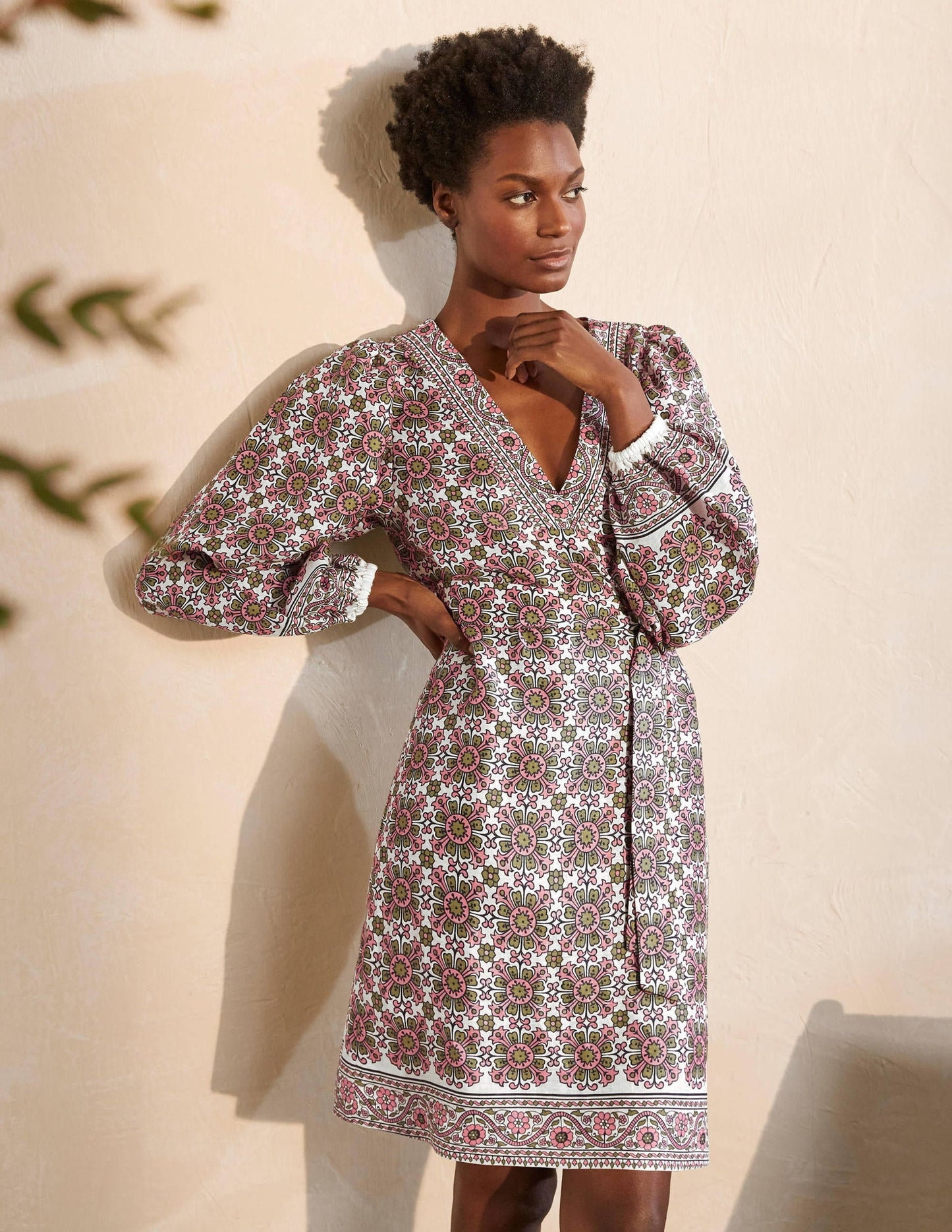 Bridget Belted Linen Dress-Ivory and Azalea, Flora Tile