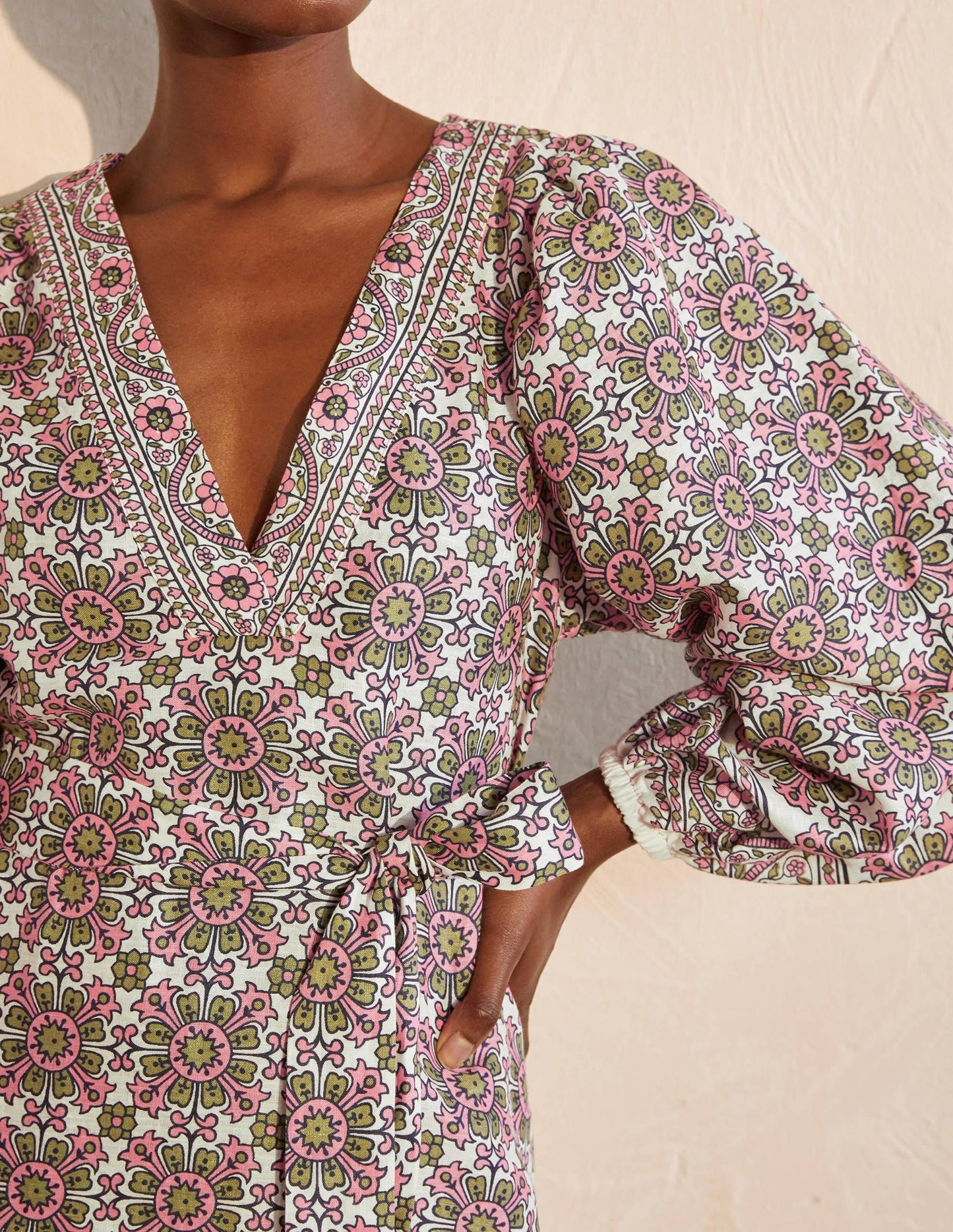Bridget Belted Linen Dress-Ivory and Azalea, Flora Tile