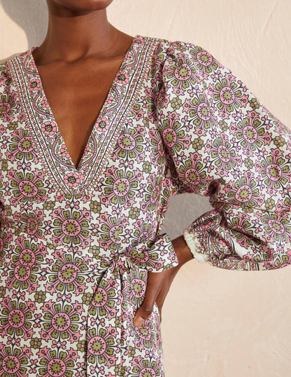 Bridget Belted Linen Dress-Ivory and Azalea, Flora Tile