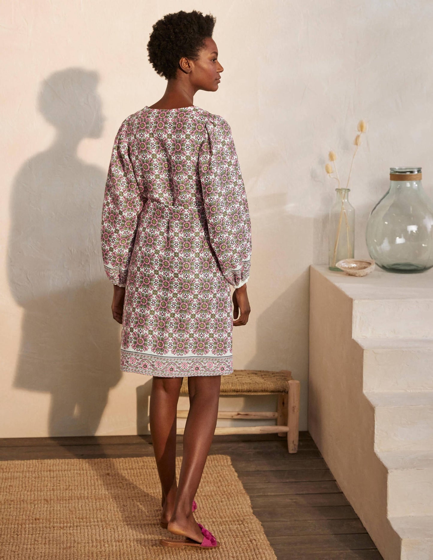 Bridget Belted Linen Dress-Ivory and Azalea, Flora Tile