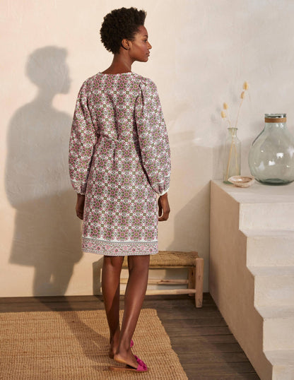Bridget Belted Linen Dress-Ivory and Azalea, Flora Tile