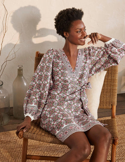 Bridget Belted Linen Dress-Ivory and Azalea, Flora Tile