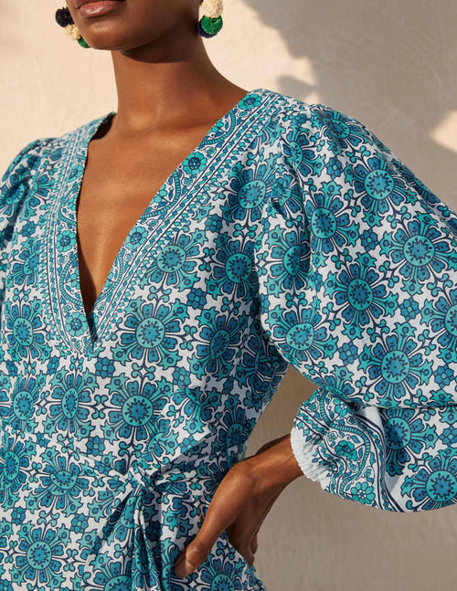 Bridget Belted Linen Dress-Indian Ocean, Flora Tile