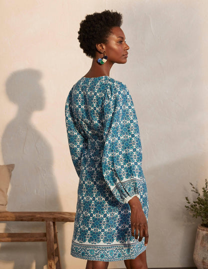 Bridget Belted Linen Dress-Indian Ocean, Flora Tile