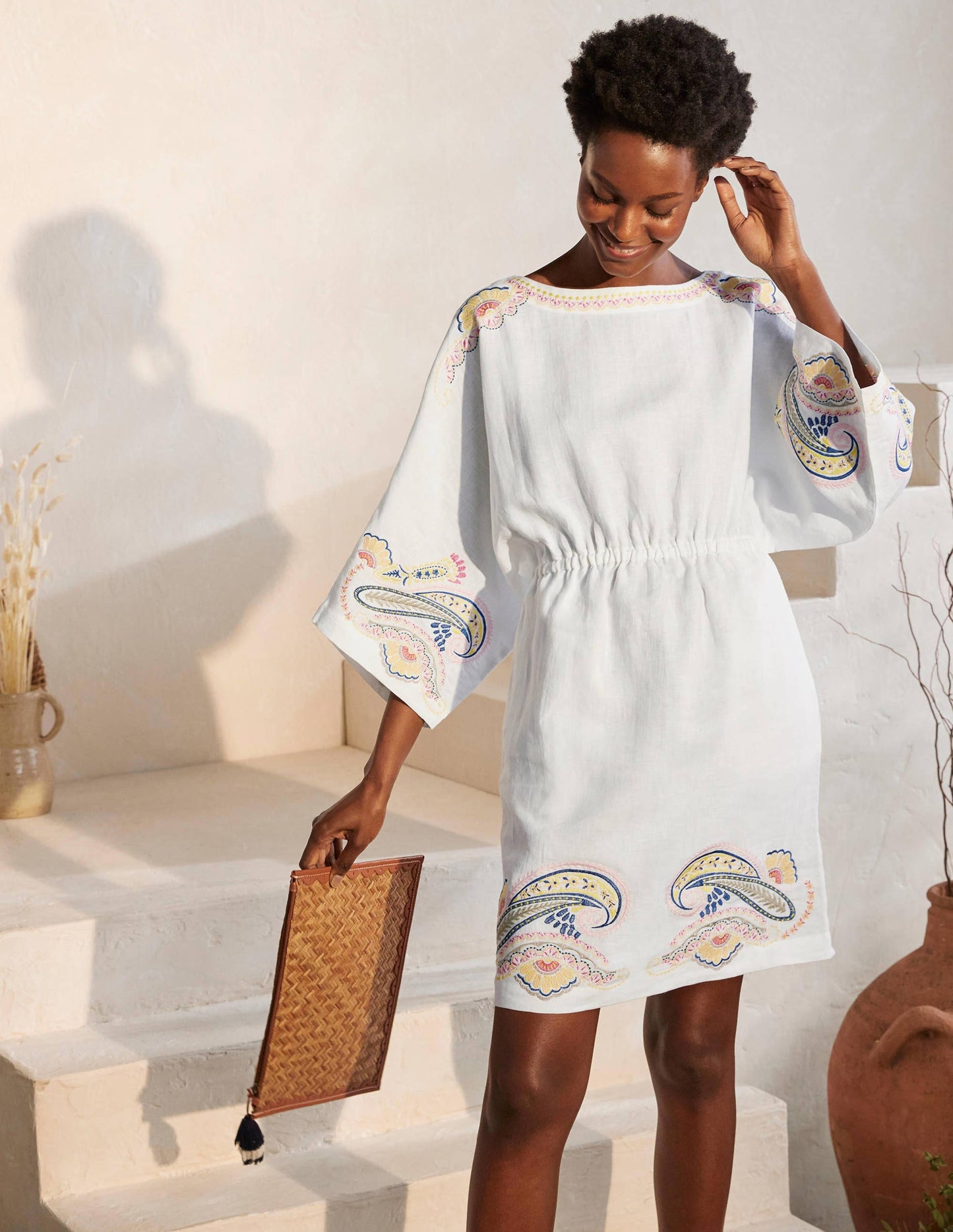 Briana Embroidered Linen Dress-White