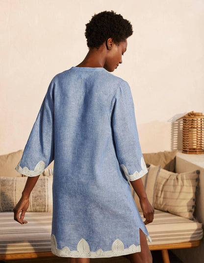 Bella Embroidered Linen Dress-Grey Blue Chambray/Ivory