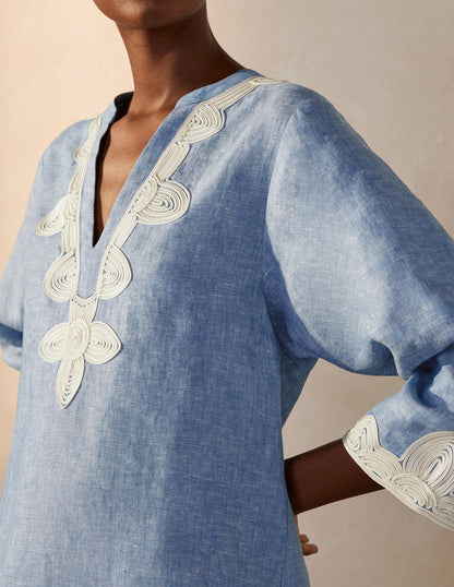 Bella Embroidered Linen Dress-Grey Blue Chambray/Ivory