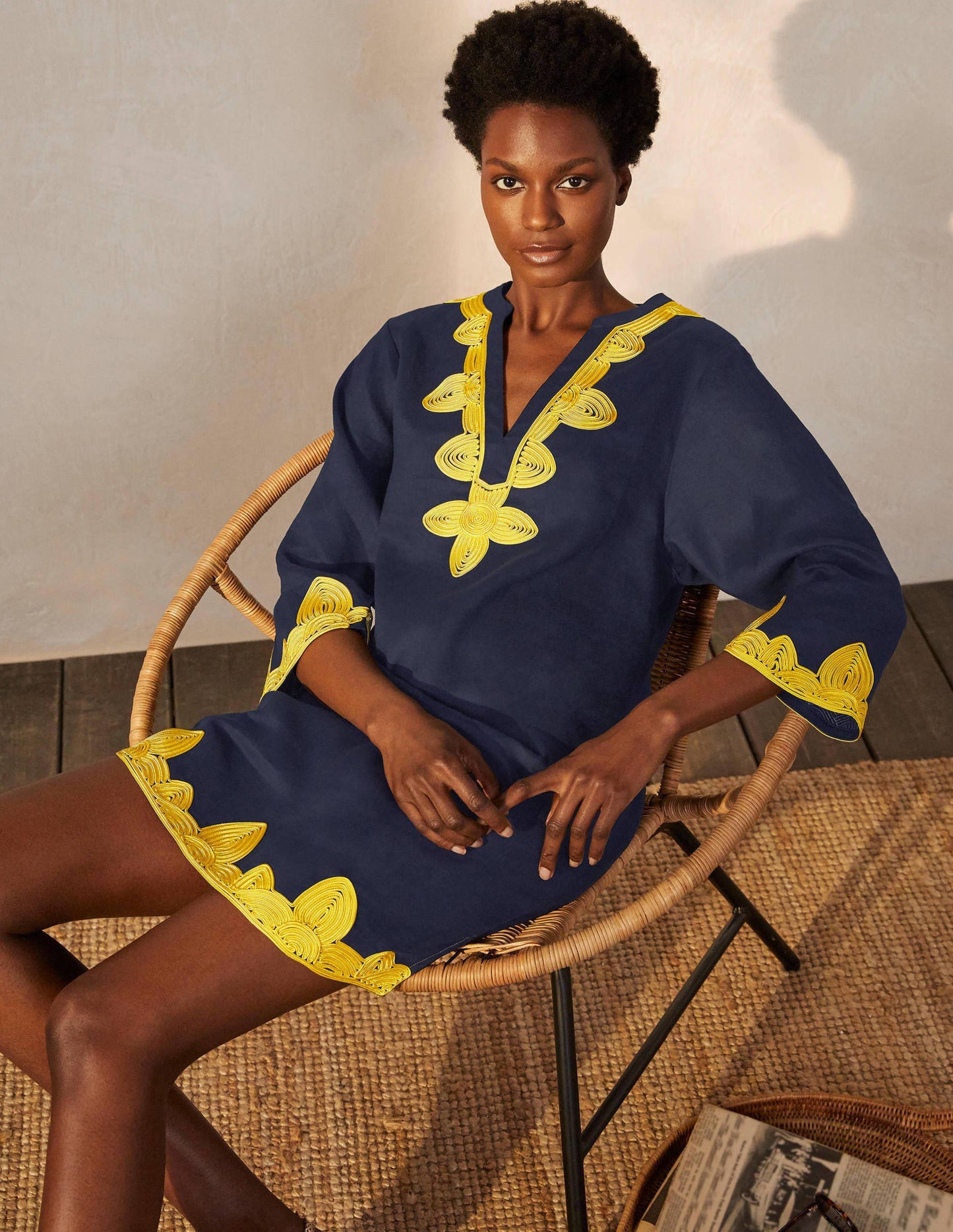 Bella Embroidered Linen Dress-Navy/Daffodil