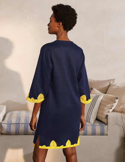 Bella Embroidered Linen Dress-Navy/Daffodil