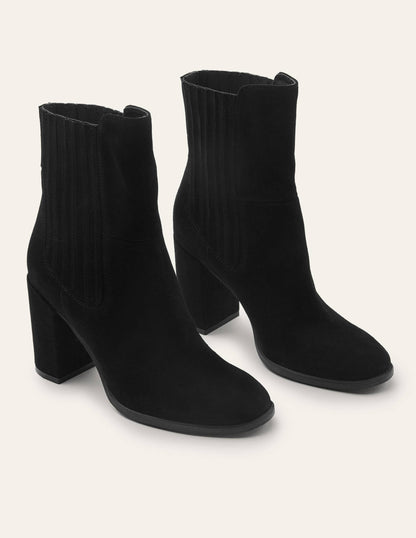 Block Heel Ankle Boots-Black Suede