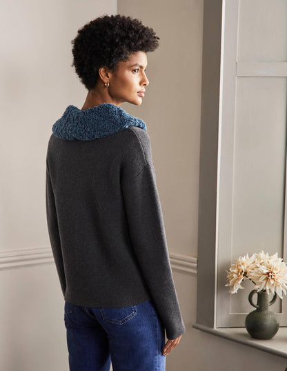 Borg Cropped Coatigan-Charcoal Melange