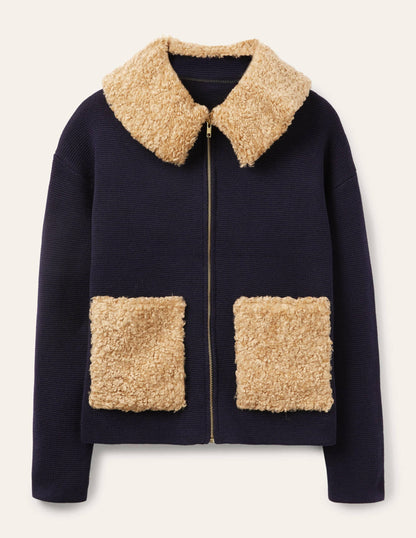 Borg Cropped Coatigan-Navy
