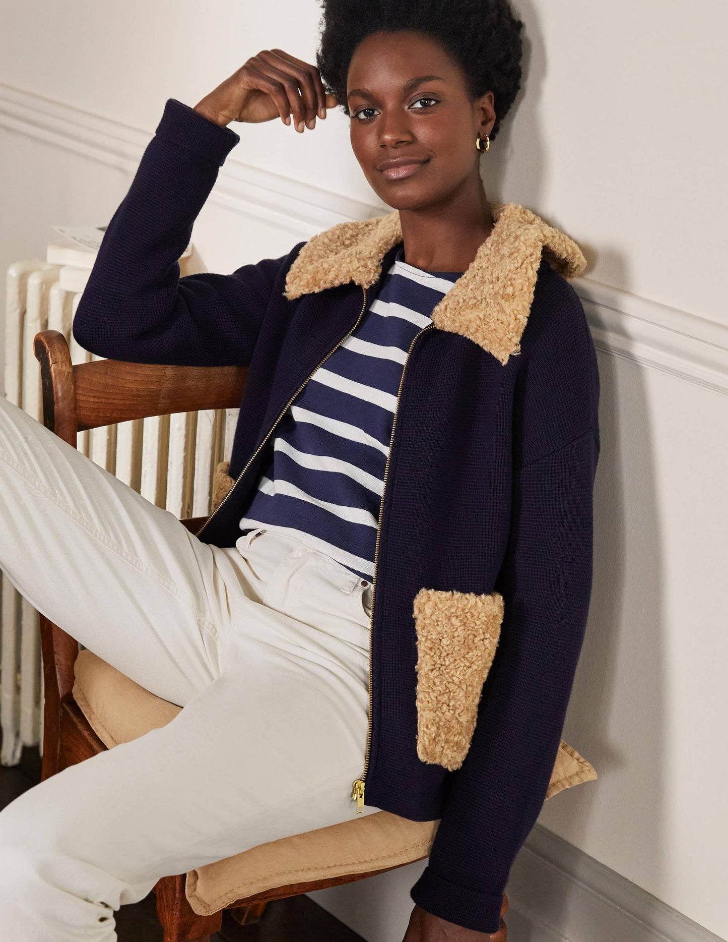 Borg Cropped Coatigan-Navy