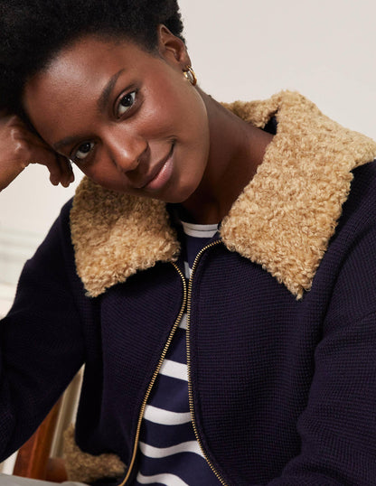 Borg Cropped Coatigan-Navy