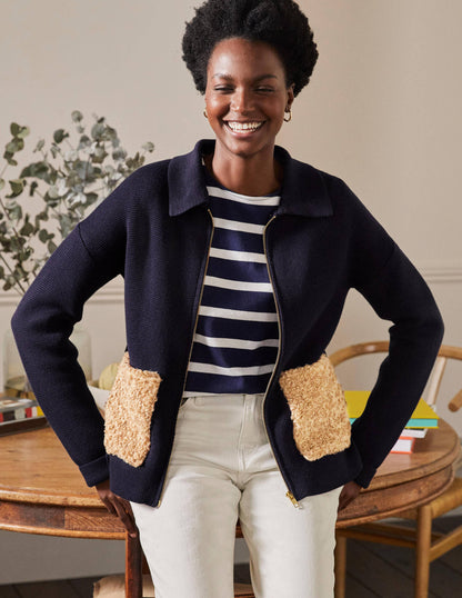 Borg Cropped Coatigan-Navy