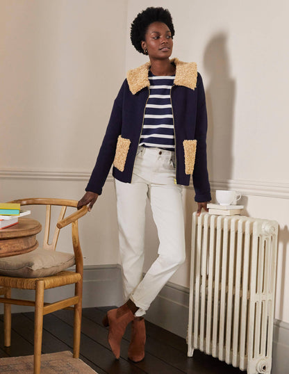 Borg Cropped Coatigan-Navy