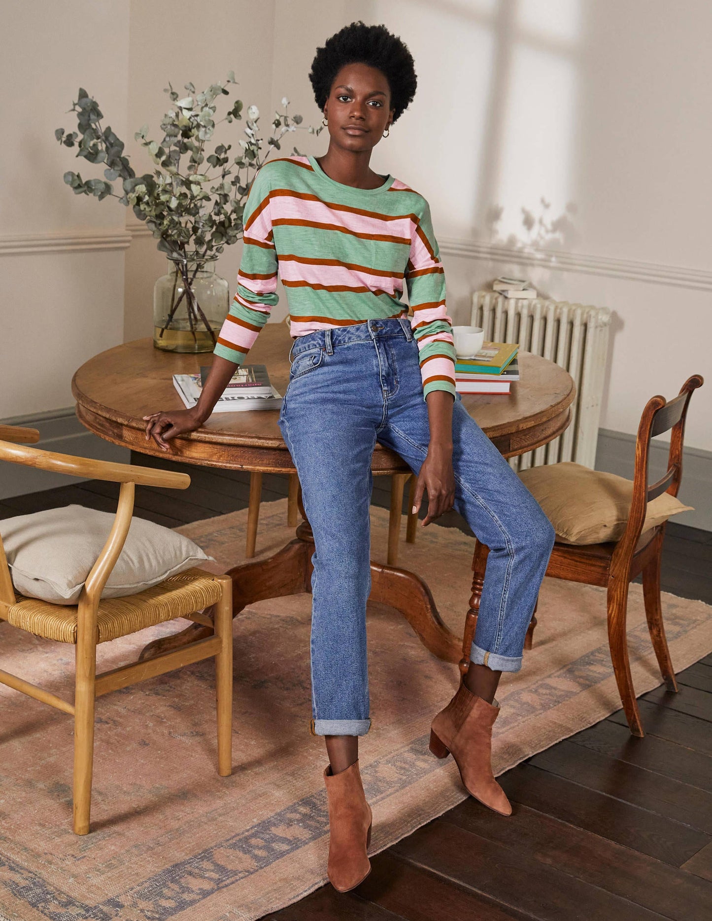 Boxy Jersey Tee-Duck Egg/ Coconut Stripe