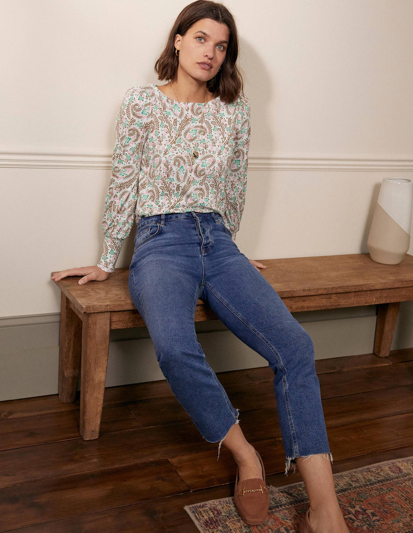 Blouson Jersey Top-Ivory, Floral Paisley