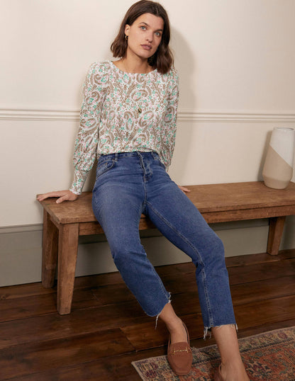 Blouson Jersey Top-Ivory, Floral Paisley