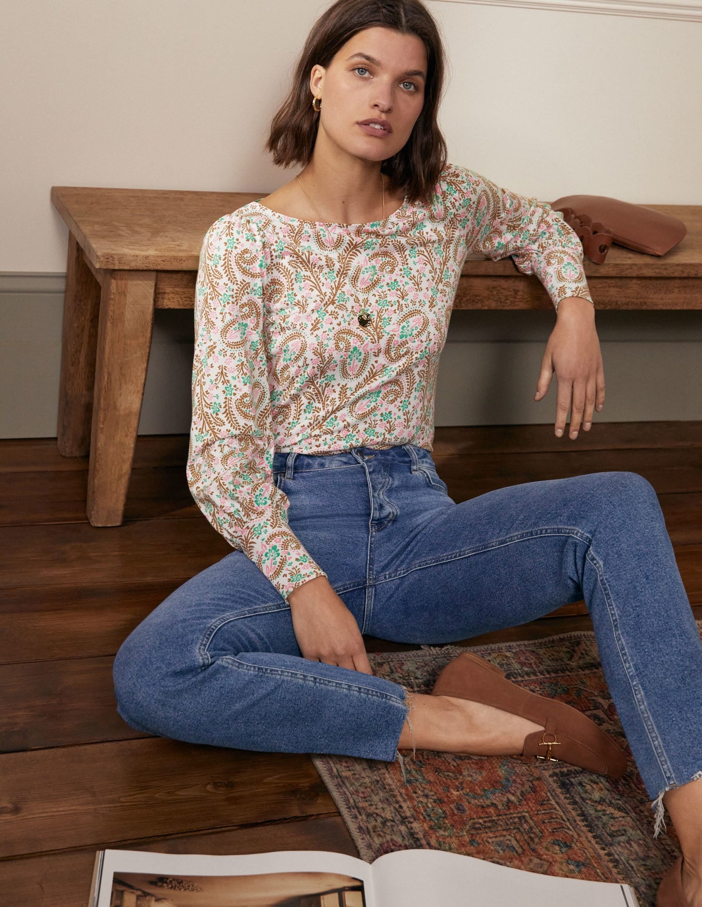 Blouson Jersey Top-Ivory, Floral Paisley