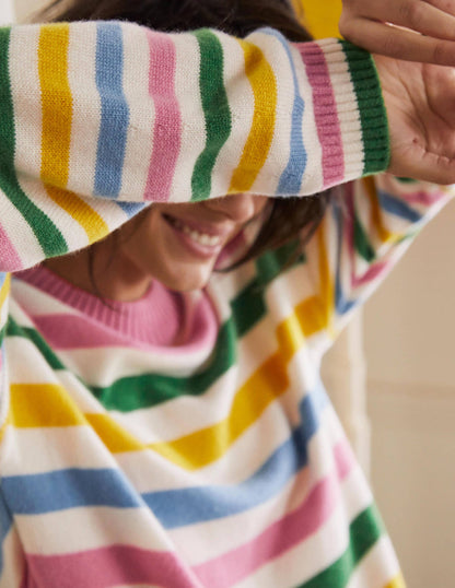 Bell Sleeve Cashmere Sweater-Morganite Pink Multi Stripe