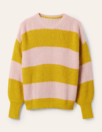 Blouson Cuff Fluffy Sweater-Pink, Yellow Multistripe