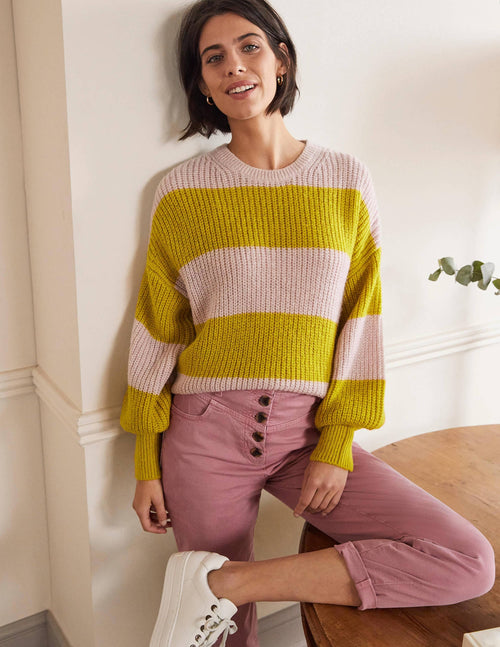 Blouson Cuff Fluffy Sweater-Pink, Yellow Multistripe