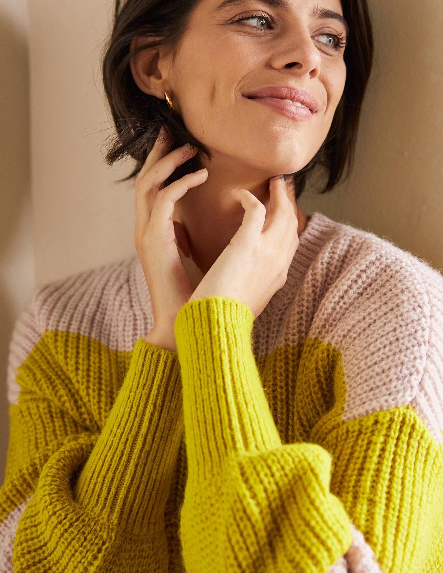 Blouson Cuff Fluffy Sweater-Pink, Yellow Multistripe