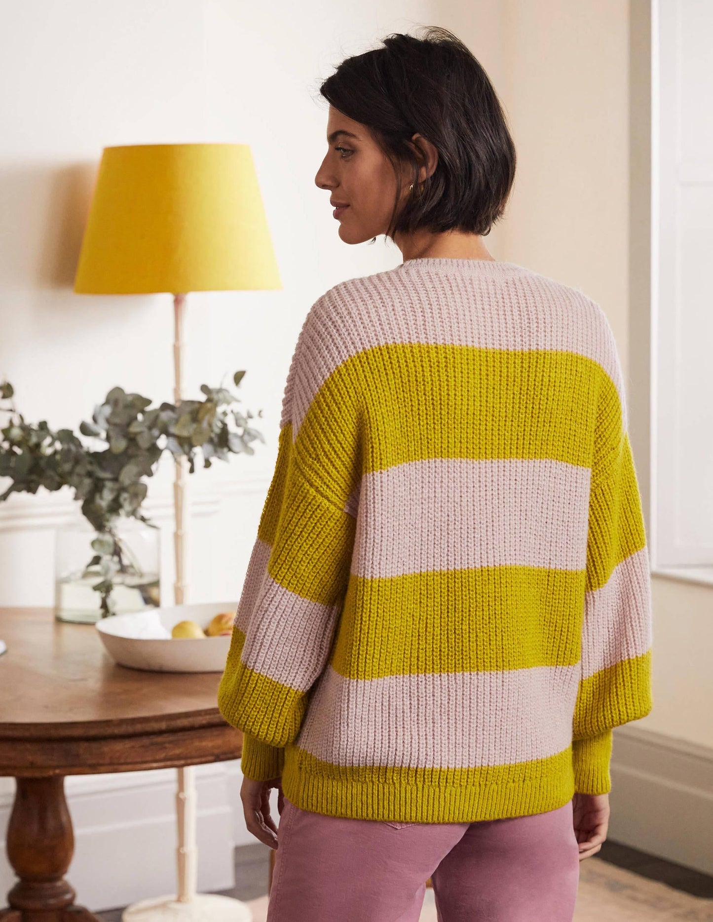 Blouson Cuff Fluffy Sweater-Pink, Yellow Multistripe