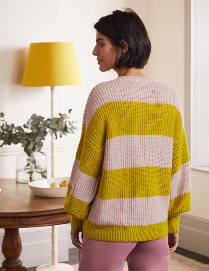 Blouson Cuff Fluffy Sweater-Pink, Yellow Multistripe