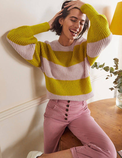 Blouson Cuff Fluffy Sweater-Pink, Yellow Multistripe