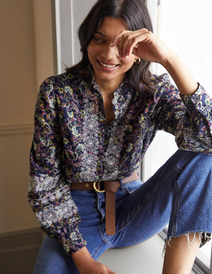 Broderie Cotton Blouse-French Navy, Exotic Floral