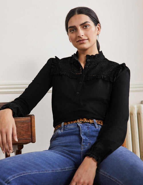 Broderie Yoke Jersey Top-Black