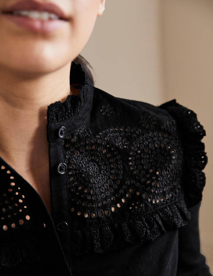 Broderie Yoke Jersey Top-Black