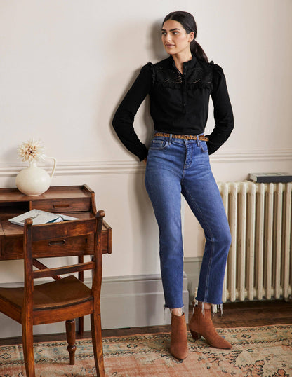 Broderie Yoke Jersey Top-Black