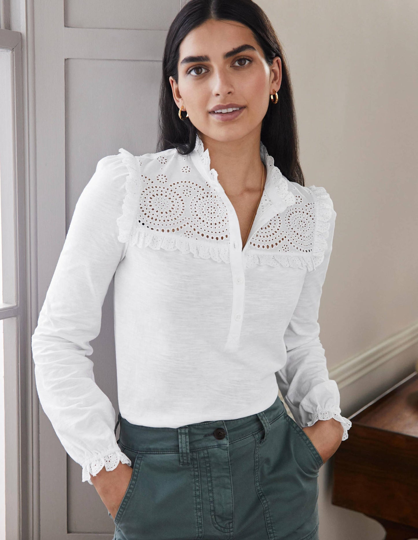 Broderie Yoke Jersey Top-White