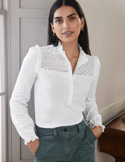 Broderie Yoke Jersey Top-White