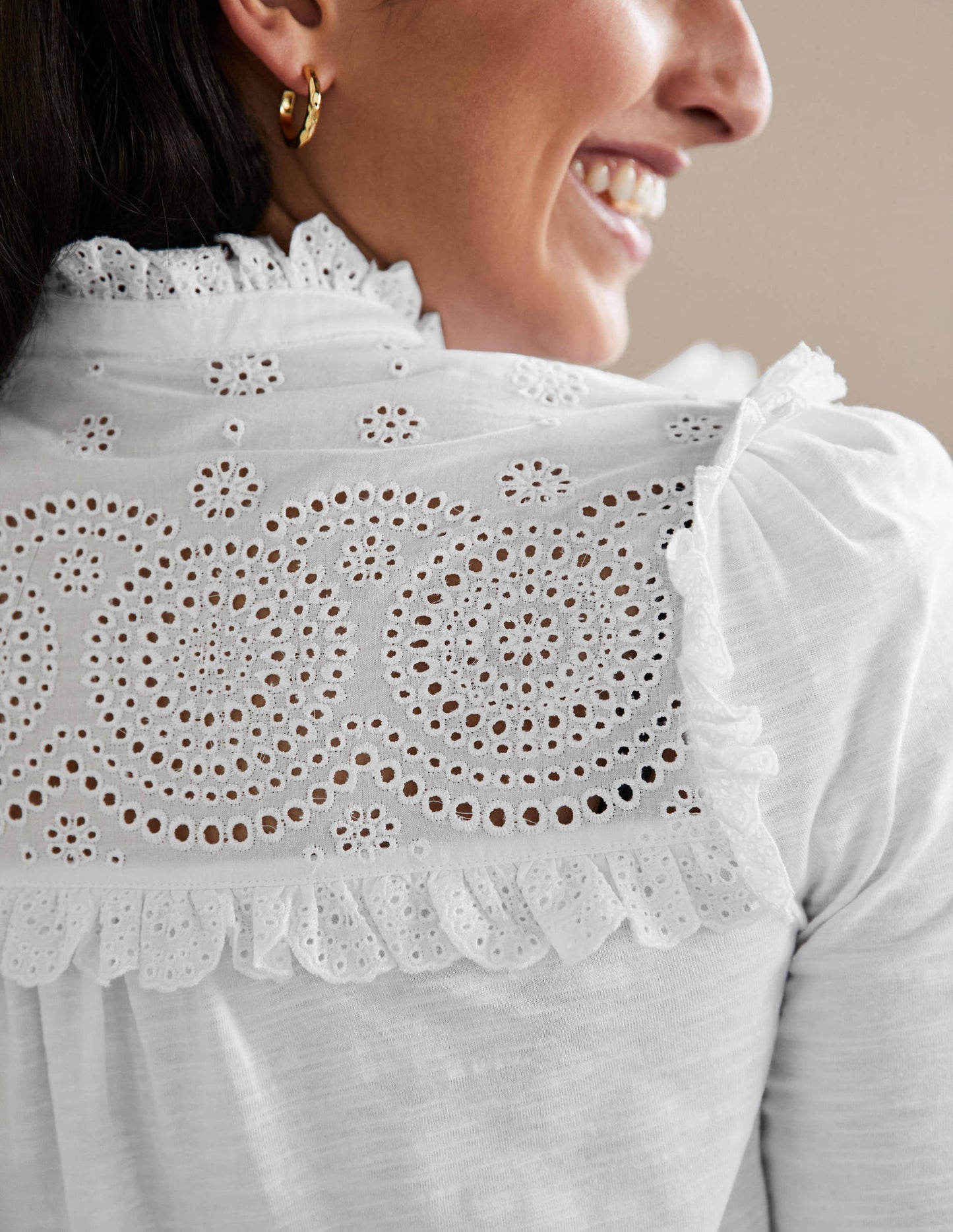 Broderie Yoke Jersey Top-White