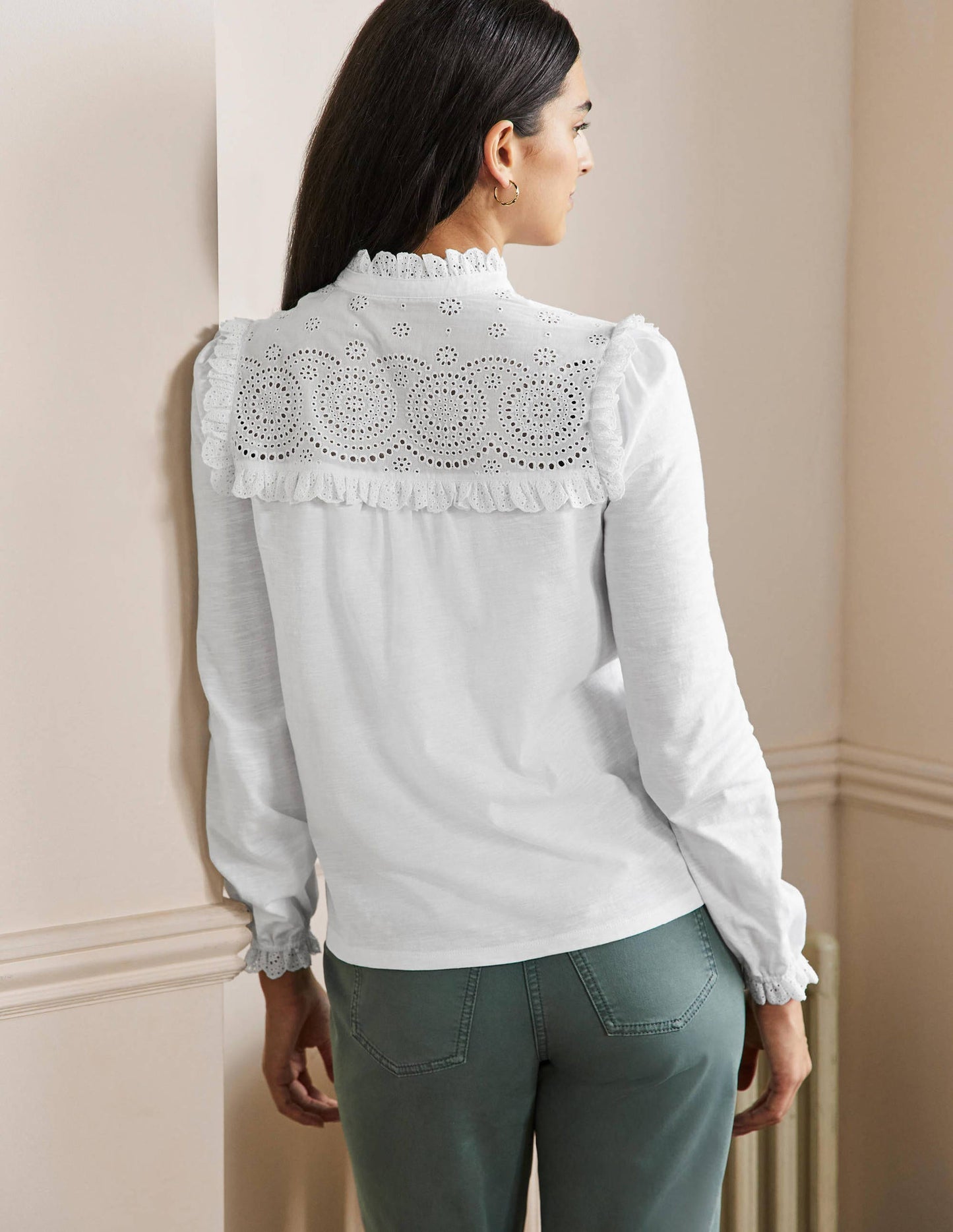 Broderie Yoke Jersey Top-White