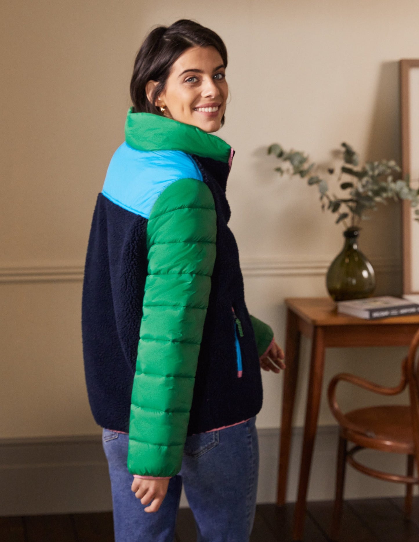 Borg Mix Puffer Jacket-Navy/Conifer Green