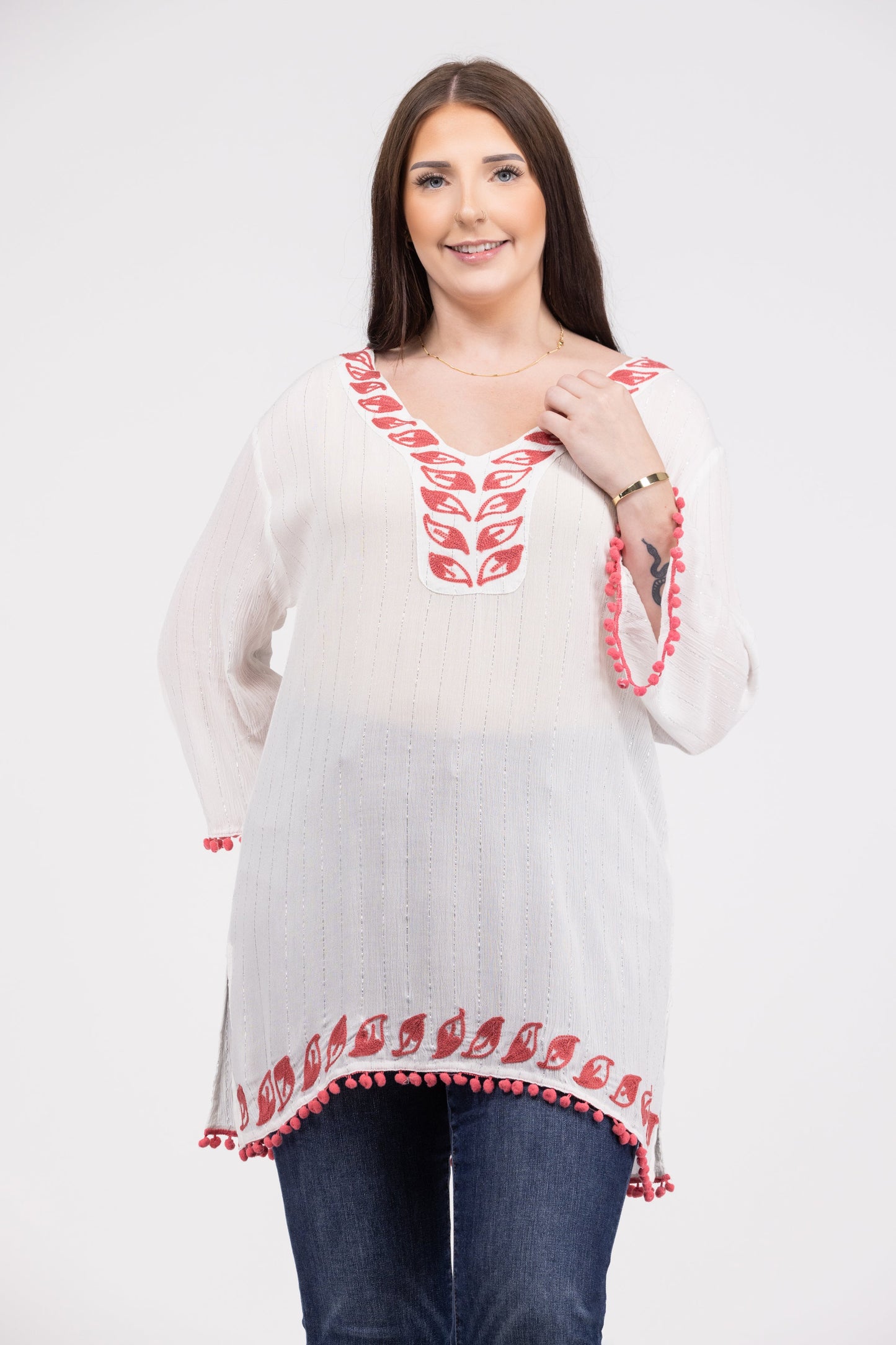 Take a Chance Women's Embroidered Pom Pom Long Sleeve Top