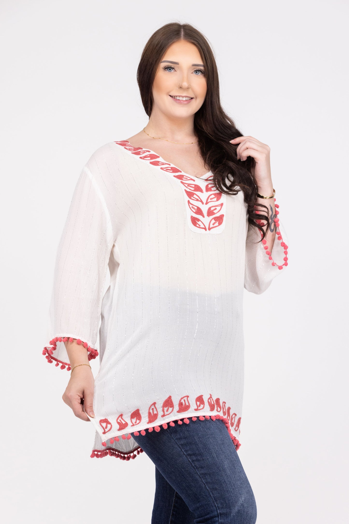 Take a Chance Women's Embroidered Pom Pom Long Sleeve Top