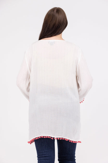 Take a Chance Women's Embroidered Pom Pom Long Sleeve Top