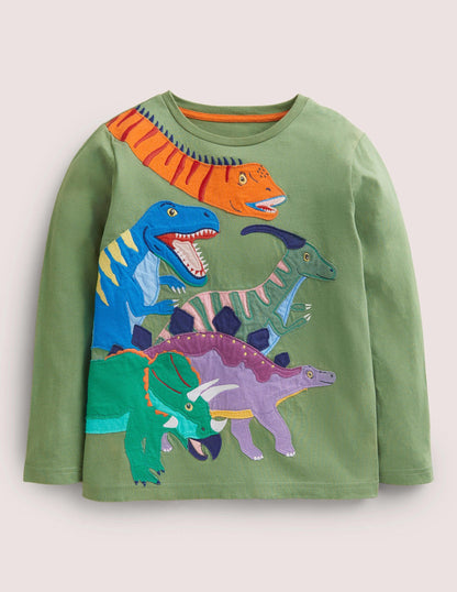 Big Appliqué T-shirt-Safari Green Dinosaurs