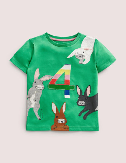 Birthday Appliqué T-shirt-Aloe Green Bunnies Four