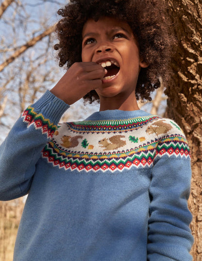 Blue Squirrel Fair Isle Sweater-Riviera Blue Woodland Fairisle