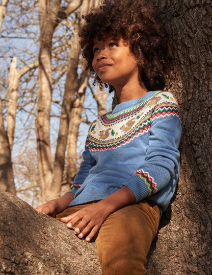 Blue Squirrel Fair Isle Sweater-Riviera Blue Woodland Fairisle